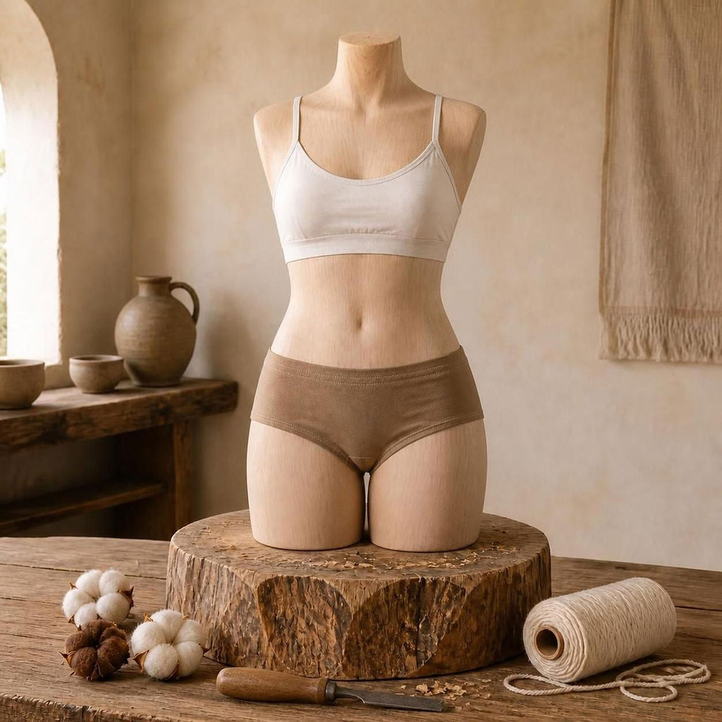 plastic-free 100% certified organic cotton camisole-style bra elastic-free without polyester and other synthetic fibers.