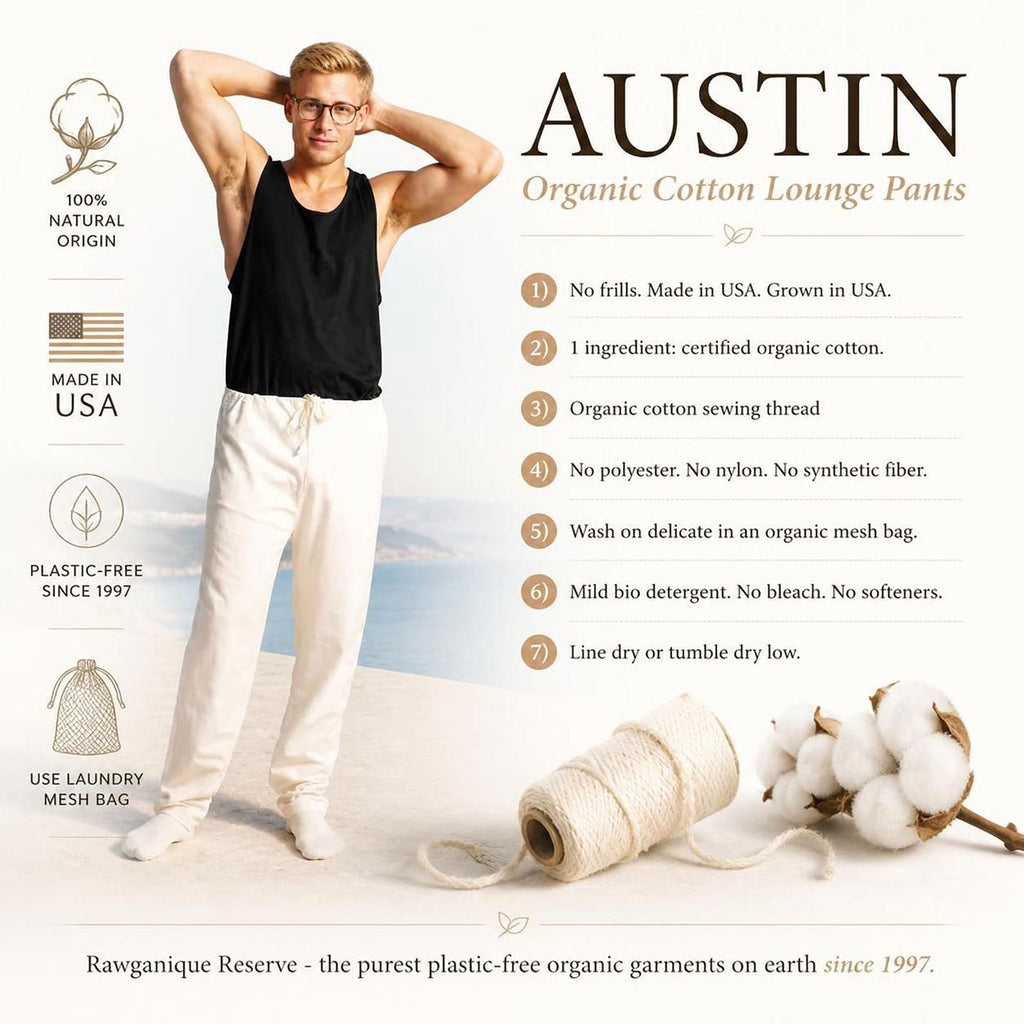 plastic-free 100% certified organic cotton lounge pants made in usa grown in usa