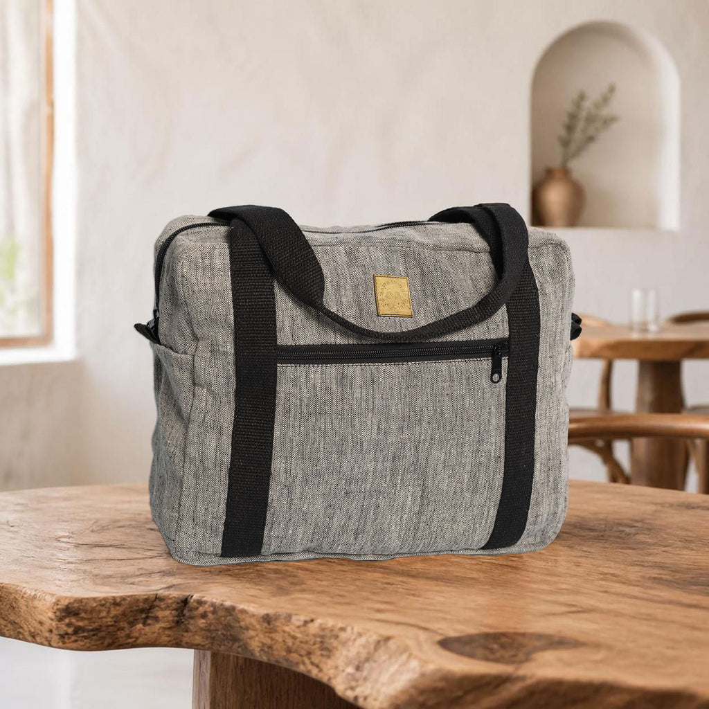 BOSTONIAN Organic Linen Duffel Bag (14”High x 11.4”Wide x 5.5”Deep; 14l) (10oz, OC Thread, YKK Zippers) (99.5% Biodegradable)