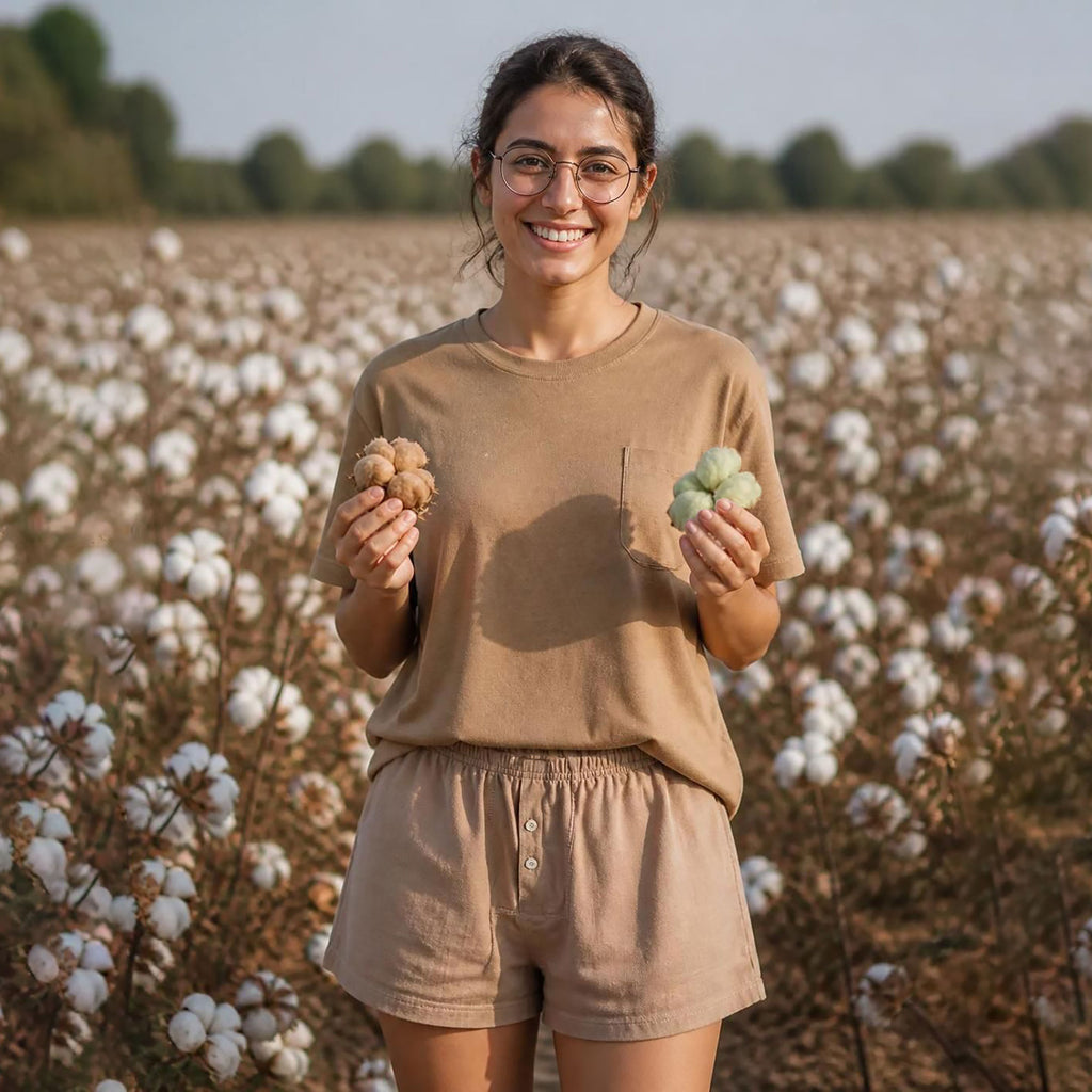 100% certified organic regenerative cotton t-shirt in colorgrown brown color dye-free plastic-free polyester-free