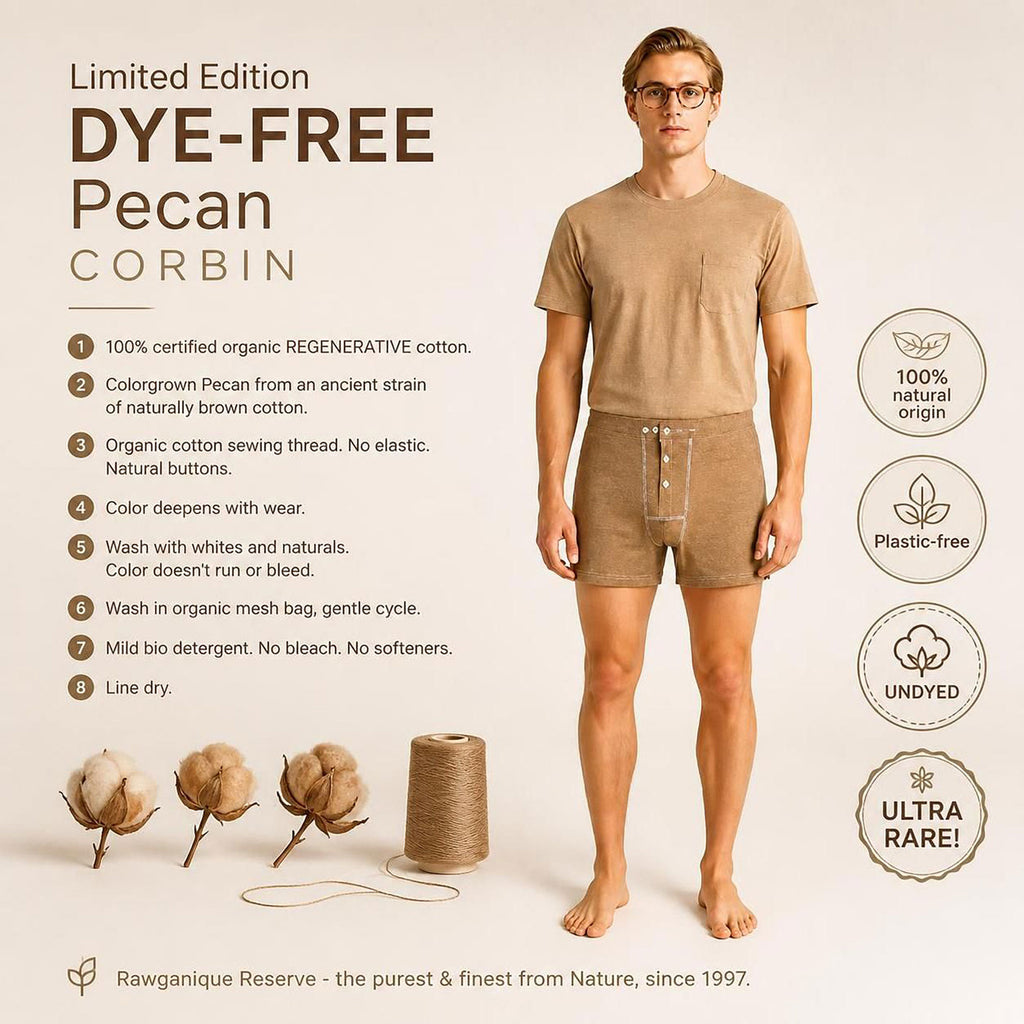 dye-free elastic-free 100% certified regenerative organic cotton boxer briefs underwear for men in colorgrown brown color plastic-free polyester-free