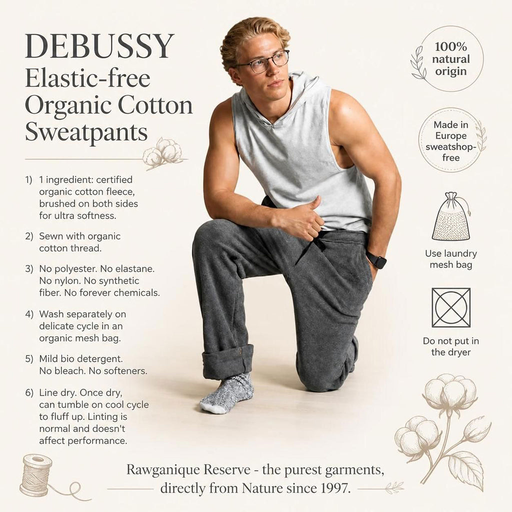 elastic-free 100% certified organic fleece cotton sweat pants plastic-free