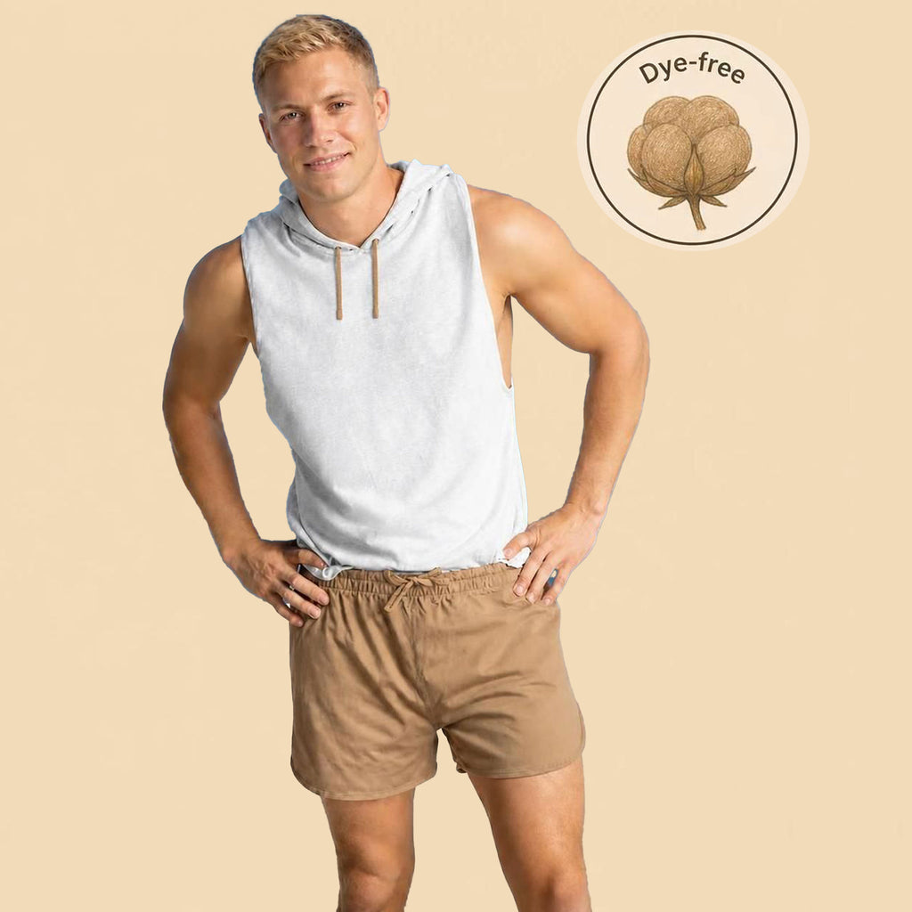 100% certified organic regenerative cotton running gym shorts in dye-free brown color