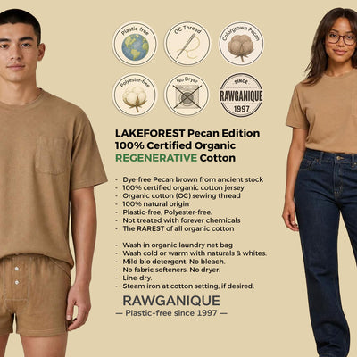 LAKEFOREST Limited Edition 100% Organic Cotton Luxury Pocket T-Shirt Colorgrown Brown (Dye-free, OC Thread, No Latex, No Elastic, No Polyester, No Formaldehyde, No Forever Chemicals, OC Thread Option) (100% Natural Origin & Biodegradable)
