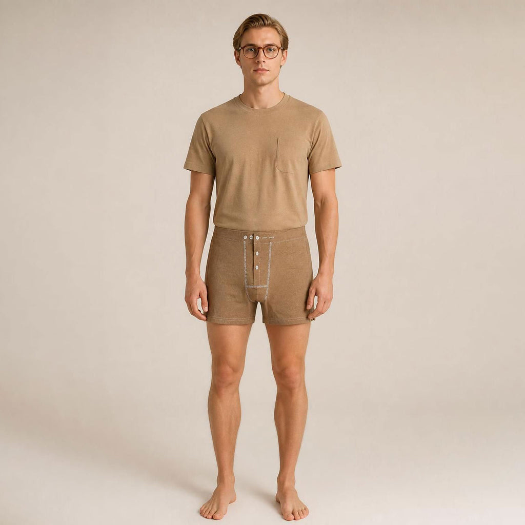 dye-free elastic-free 100% certified organic cotton boxer briefs plastic-free polyester-free colorgrown brown color