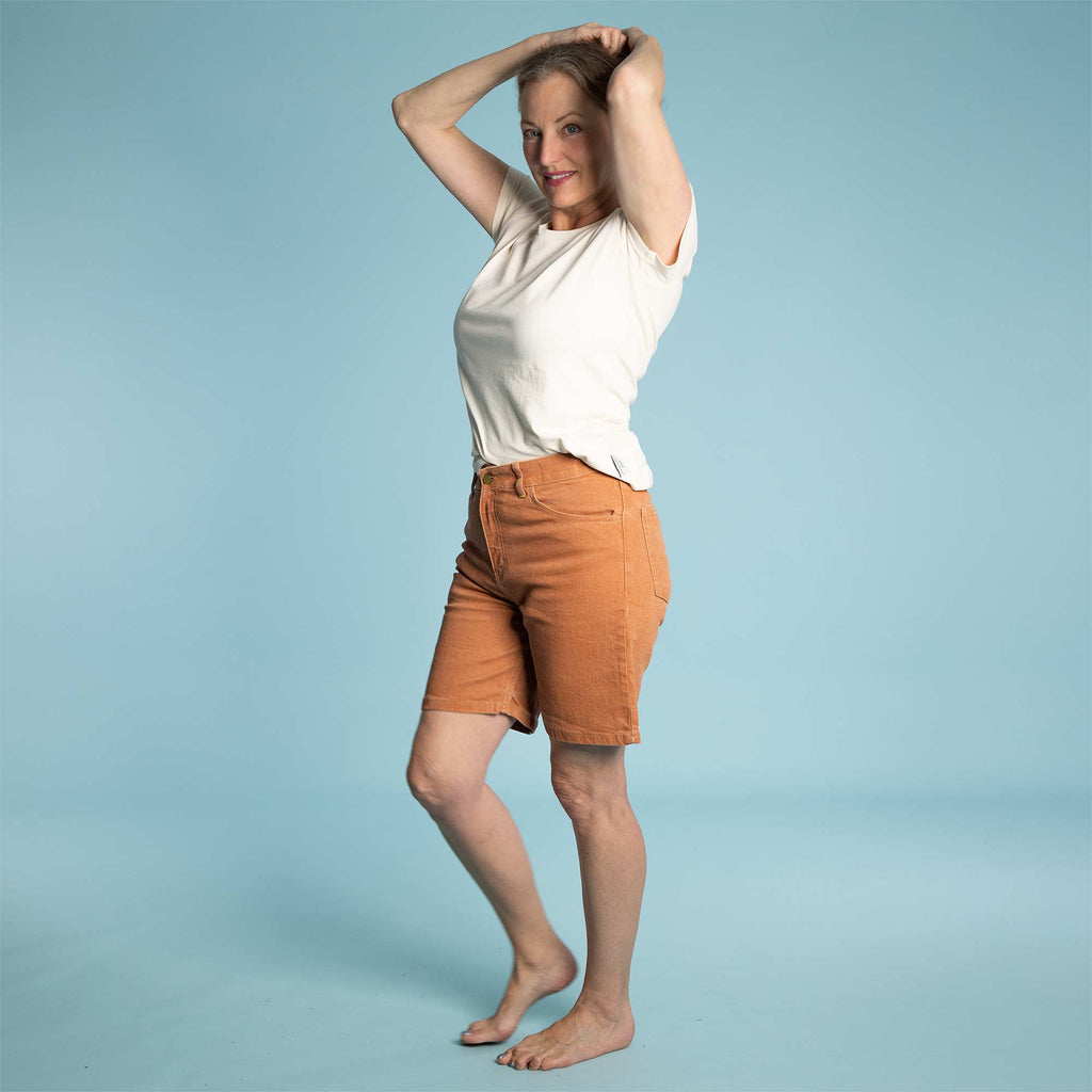 Organic stretchy denim jeans shorts clay dyed