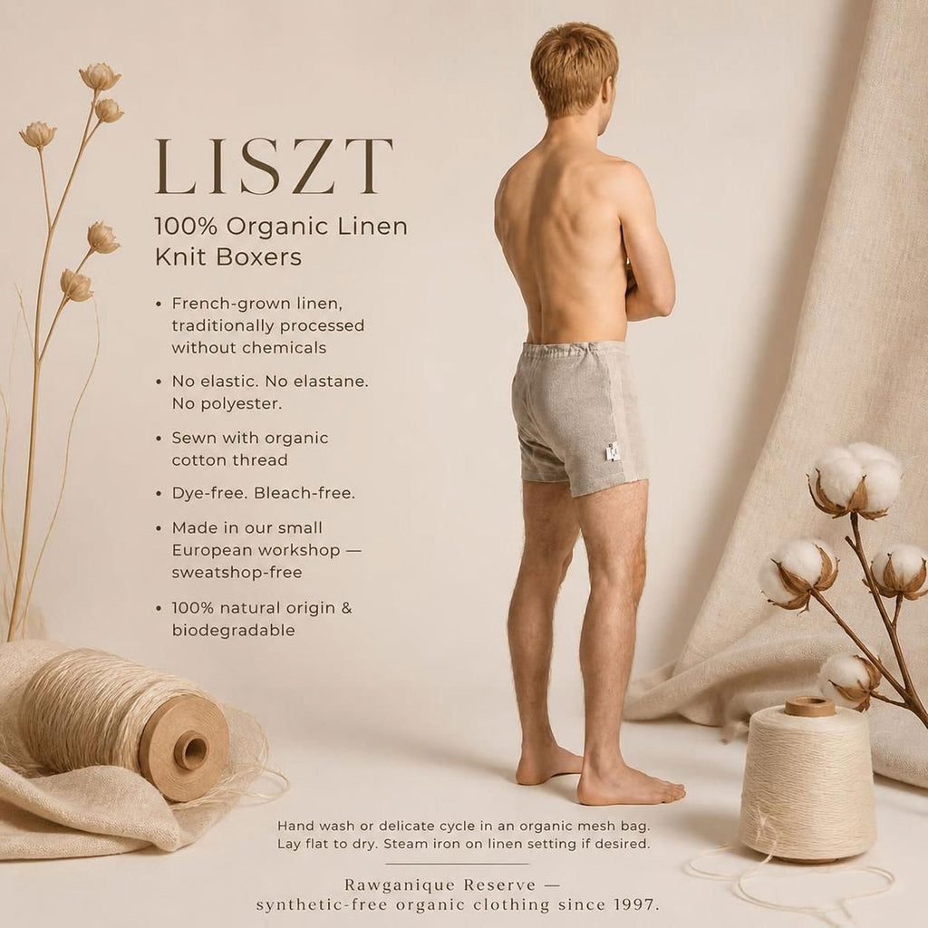 LISZT Elastic-free 100% Organic Linen Knit Boxers (OC Thread, Dye-free, No Polyester, No Latex, No Synthetics) (100% Biodegradable)