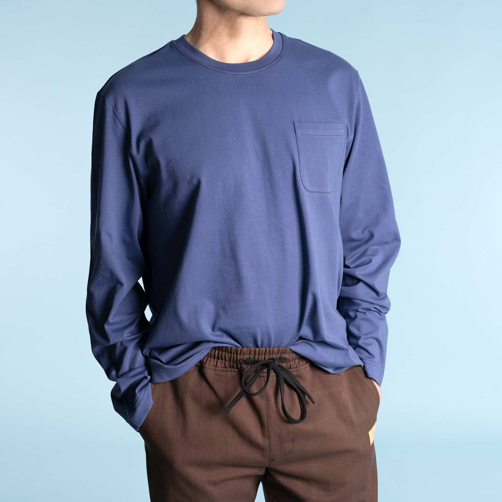 MIDTOWN 100% Organic Cotton Long-Sleeve Pocket T-Shirt (OC Thread, No Elastic, No Polyester, No Latex, No Plastic, No Synthetics) (100% Biodegradable)