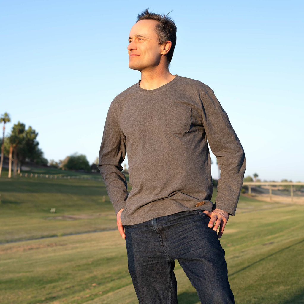 MIDTOWN 100% Organic Cotton Long-Sleeve Pocket T-Shirt (OC Thread, No Elastic, No Polyester, No Latex, No Plastic, No Synthetics) (100% Biodegradable)