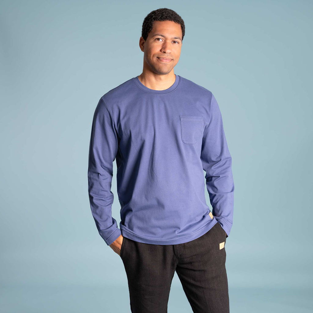 MIDTOWN 100% Organic Cotton Long-Sleeve Pocket T-Shirt (OC Thread, No Elastic, No Polyester, No Latex, No Plastic, No Synthetics) (100% Biodegradable)
