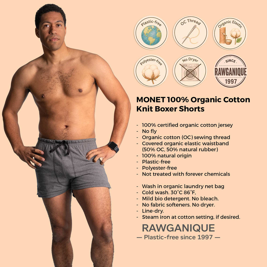 plastic-free 100% certified organic cotton boxer shorts polyester-free