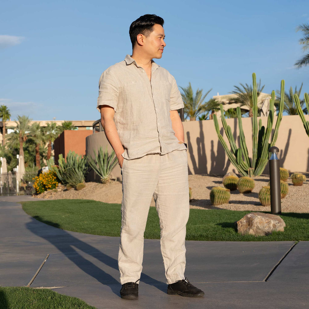 NEWPORT BEACH 100% Organic Linen Short-Sleeve Shirt With Pockets (OC Thread, Nut Buttons, OC Interfacing, No Polyester, No Nylon, No Synthetics) (100% Biodegradable)