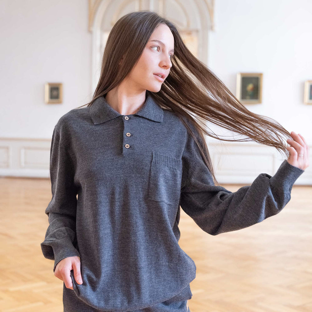 organic merino LS polo  unisex