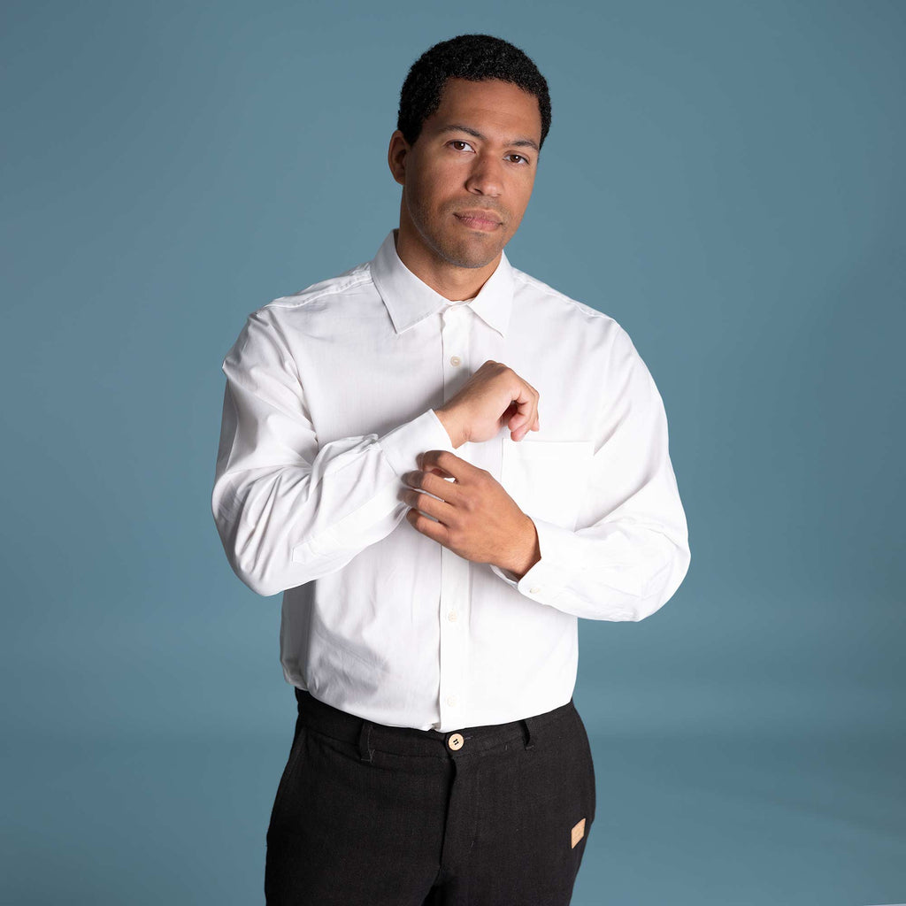 plastic-free 100% organic cotton button down white dress shirt with pocket